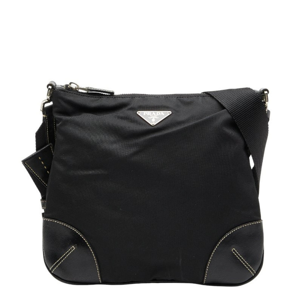 Prada Triangle Plate Shoulder Bag Black Leather